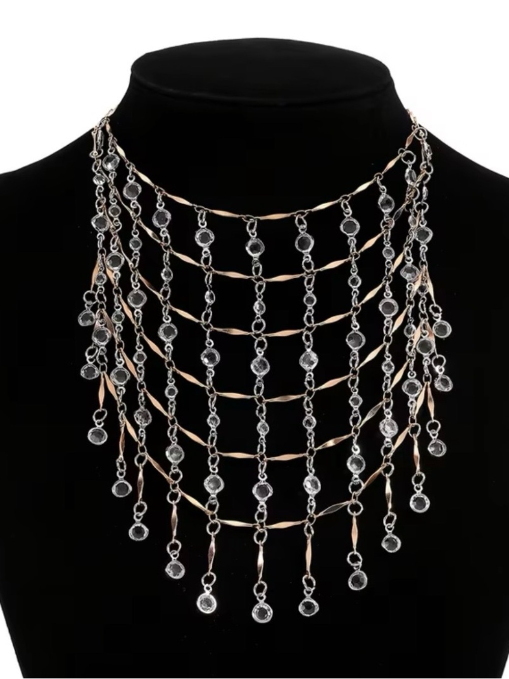 Gold Crystal Multi-Strand Drop Necklace - Women Jewelry - Picture 3 of 4